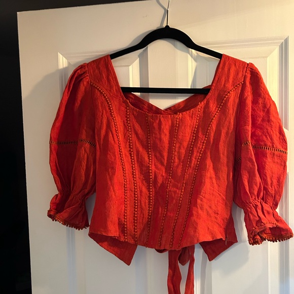 rust colored linen lace up top - Picture 1 of 4